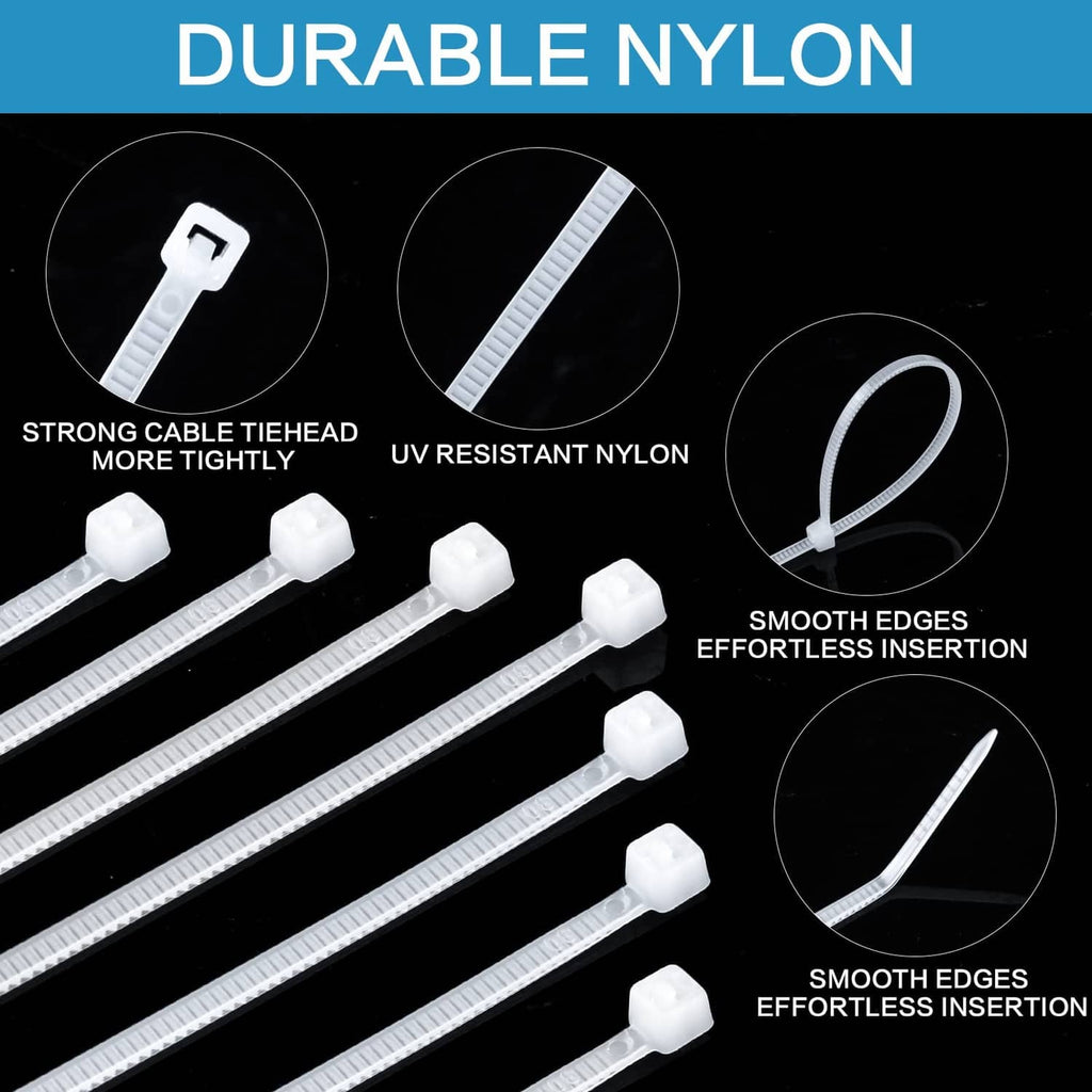 White nylon zip tie heads and strips with smooth edges close-up