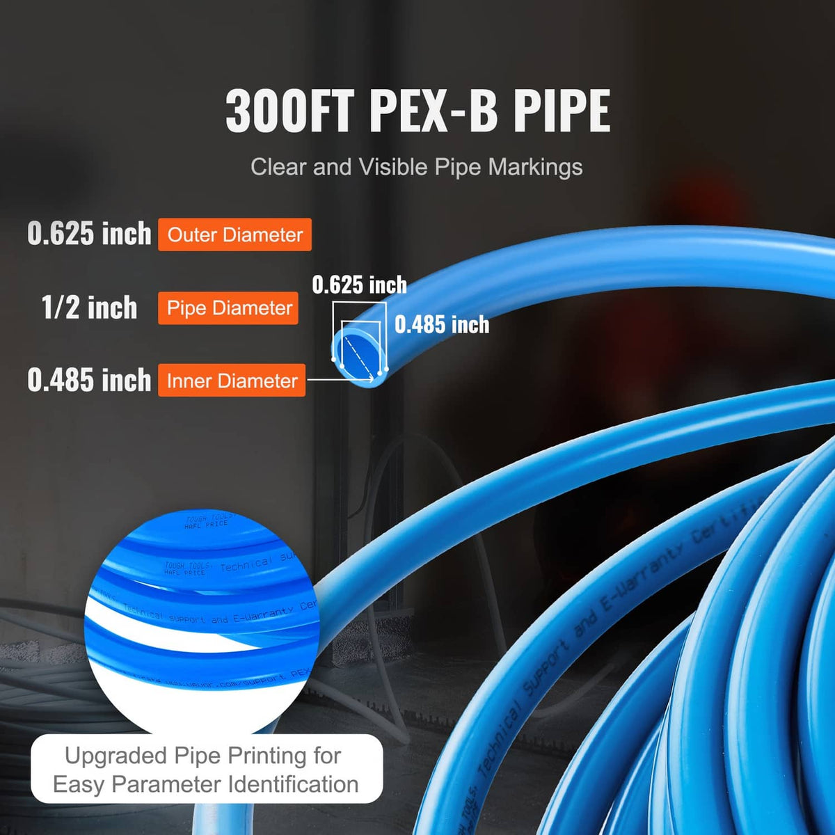 Blue PEX-B pipe coil with visible pipe markings and 1/2 in diameter details