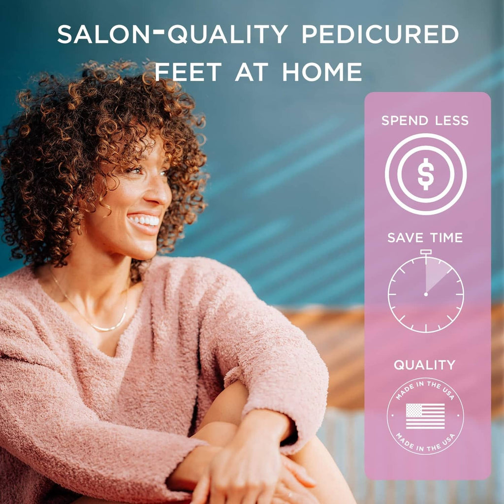 Smiling woman with pedicured feet at home marketing badge