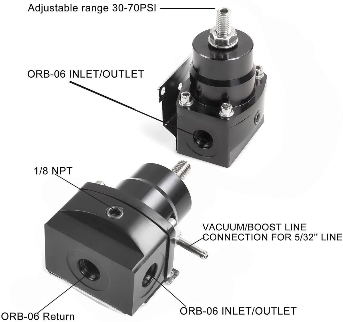 Black ORB-06 fuel pressure regulator with adjustable 30–70 PSI, inlet/outlet ports