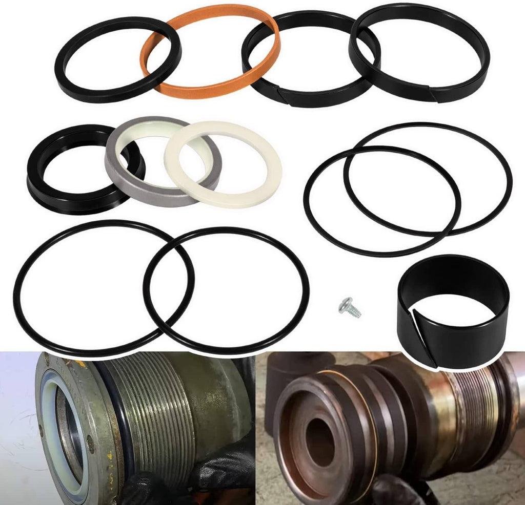 Hydraulic cylinder seal kit with black, orange, gray and white O-ring seals and screw
