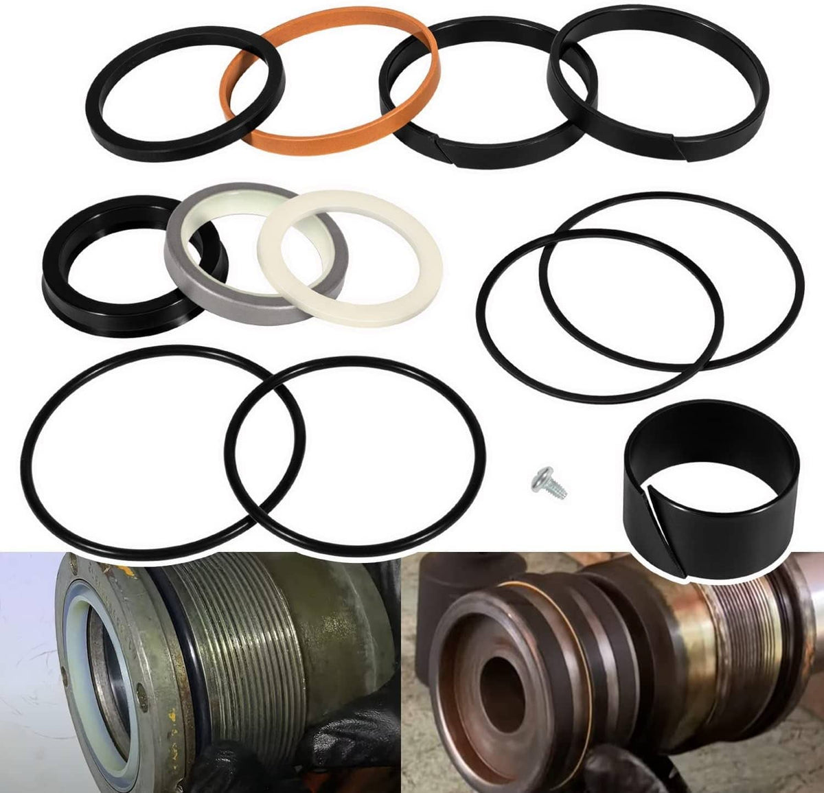 Hydraulic cylinder seal kit with black, orange, gray and white O-ring seals and screw