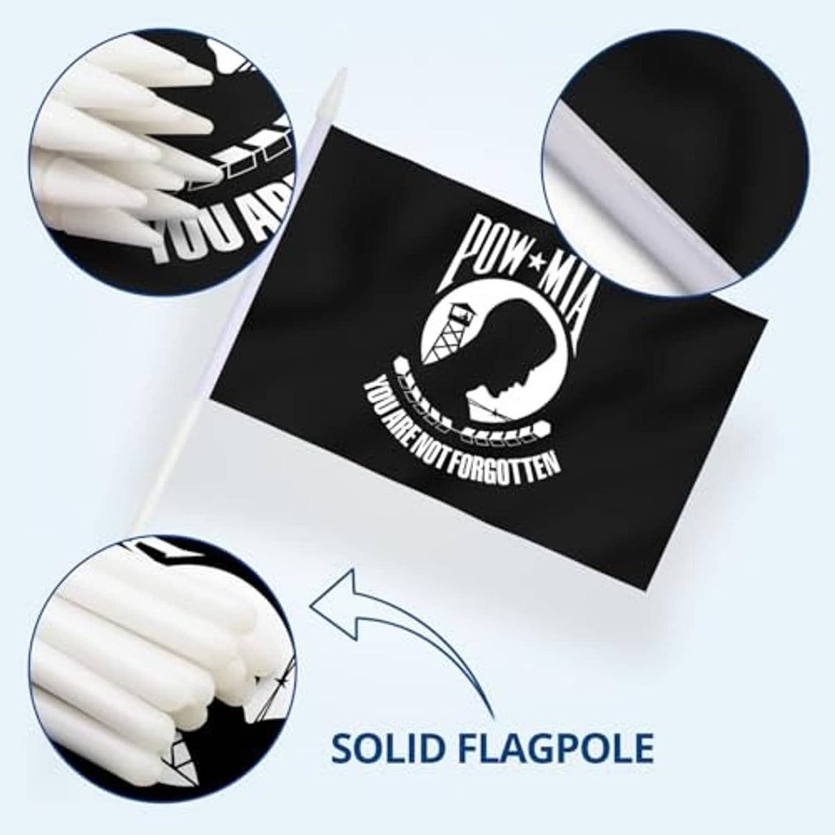 POW/MIA mini flag with solid flagpole and rubber stopper detail, black with white emblem