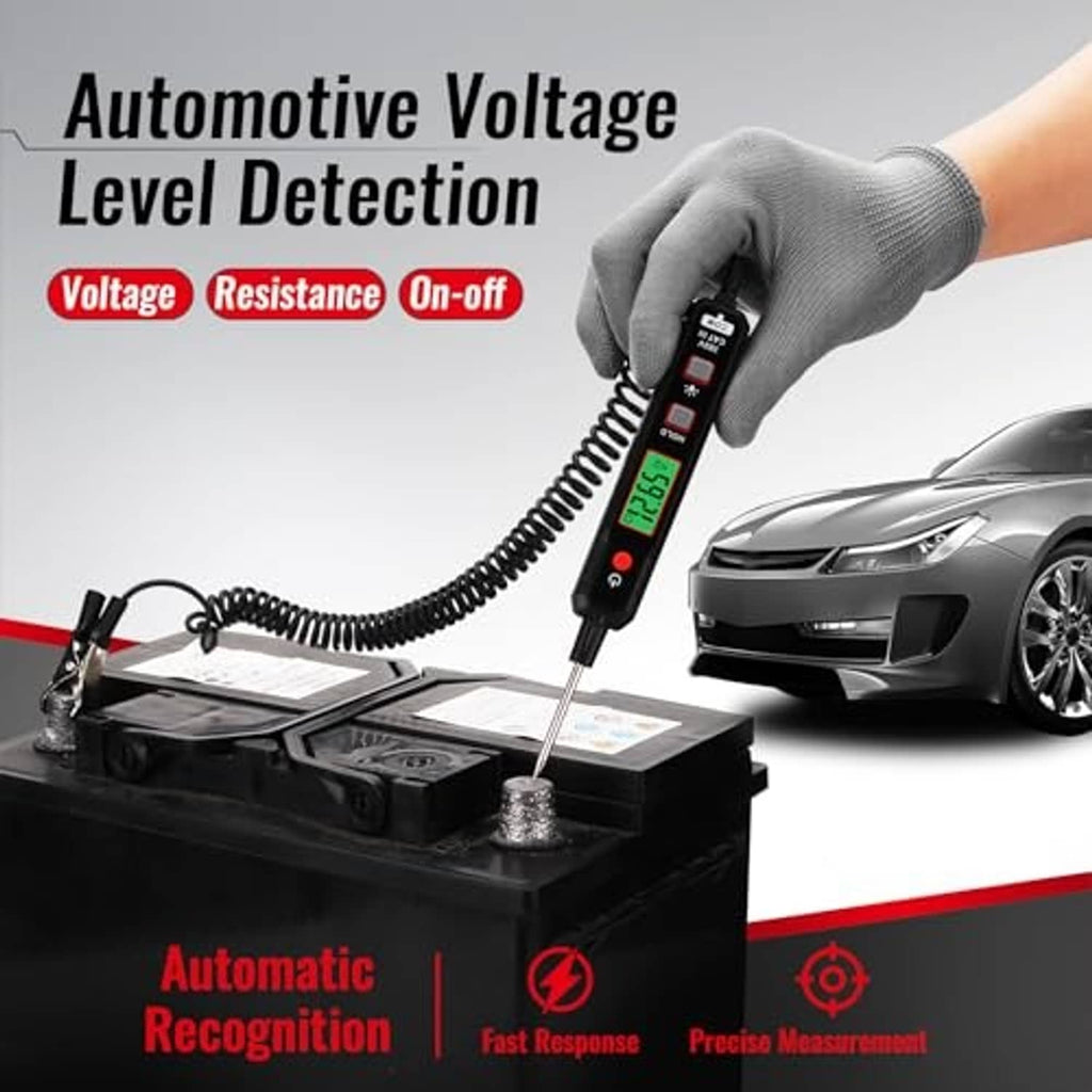 Handheld DC voltage circuit tester with LED screen and coiled lead for battery testing