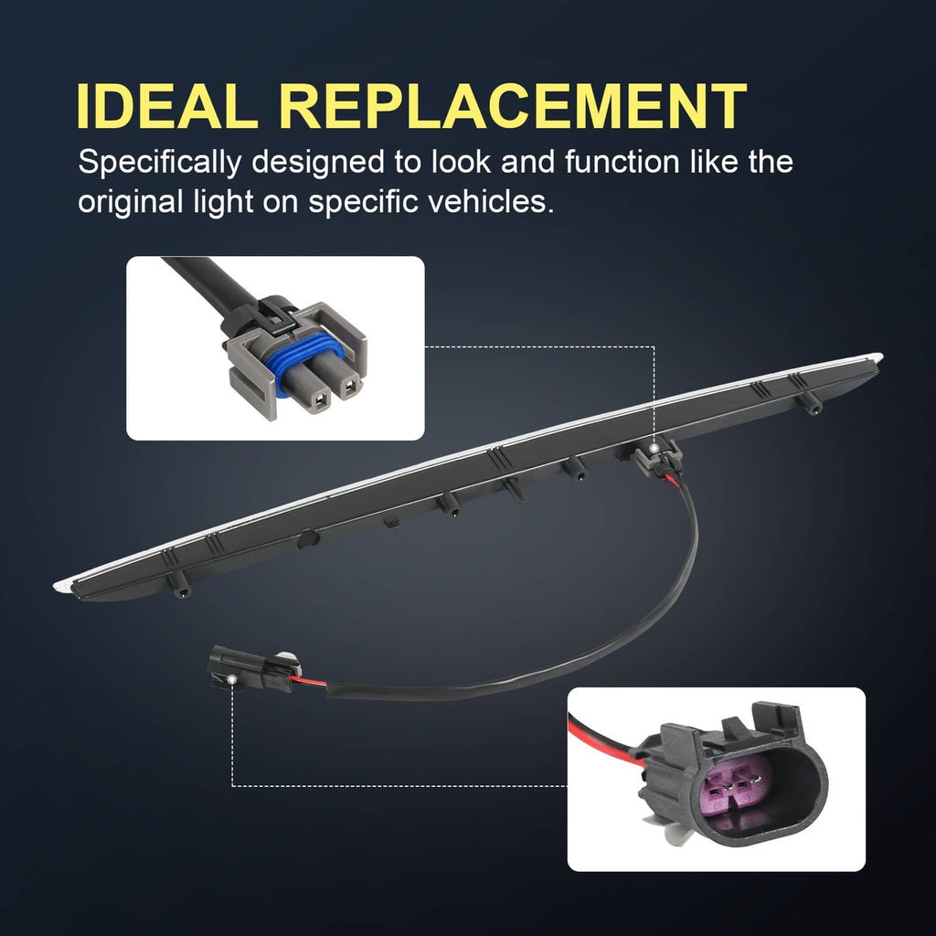LED third tail brake light with mounting clips and wiring harness connectors