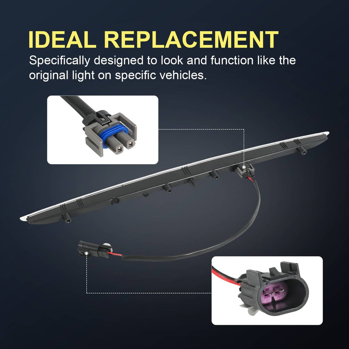 LED third tail brake light with mounting clips and wiring harness connectors