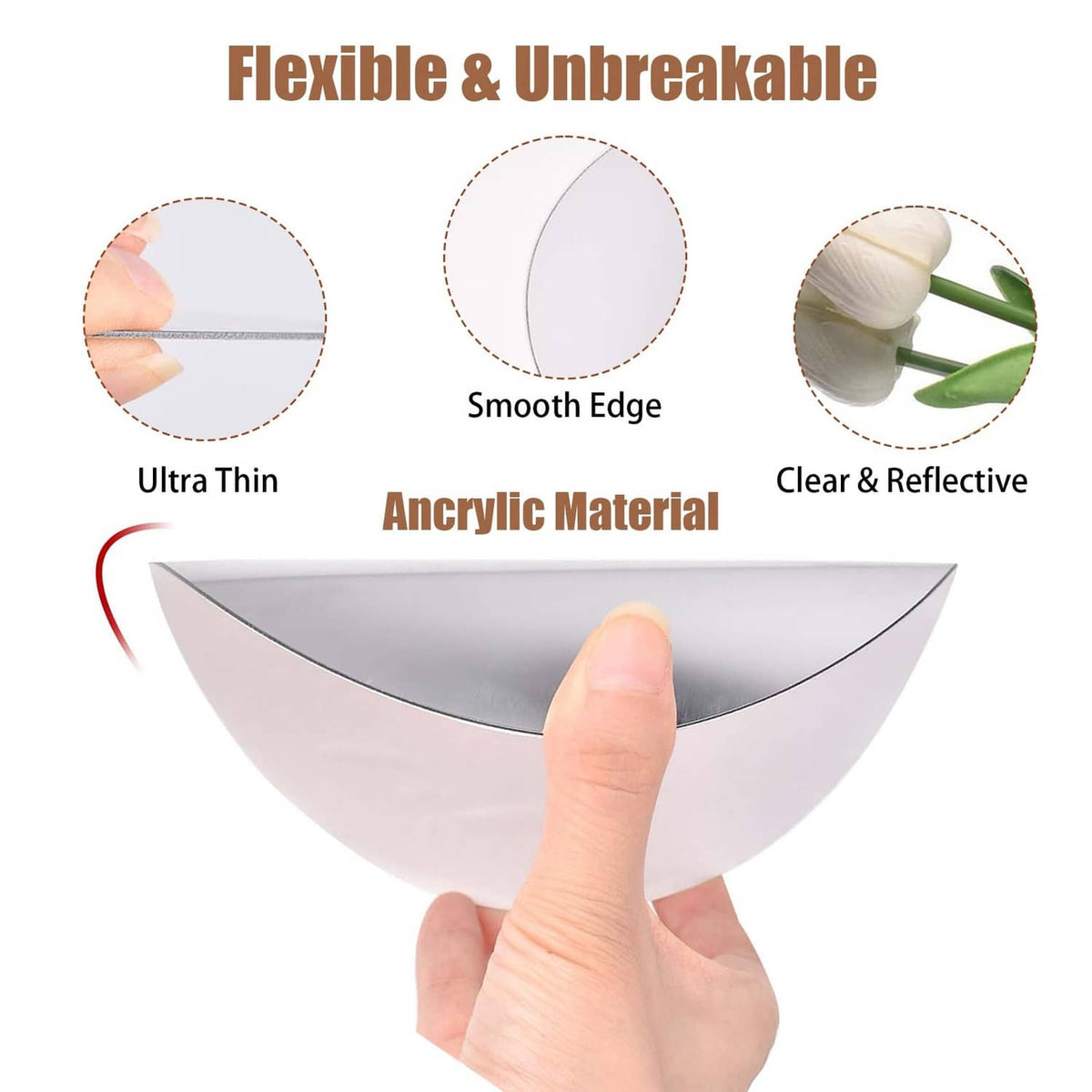 Flexible clear acrylic mirror tile with smooth edge, held in a hand