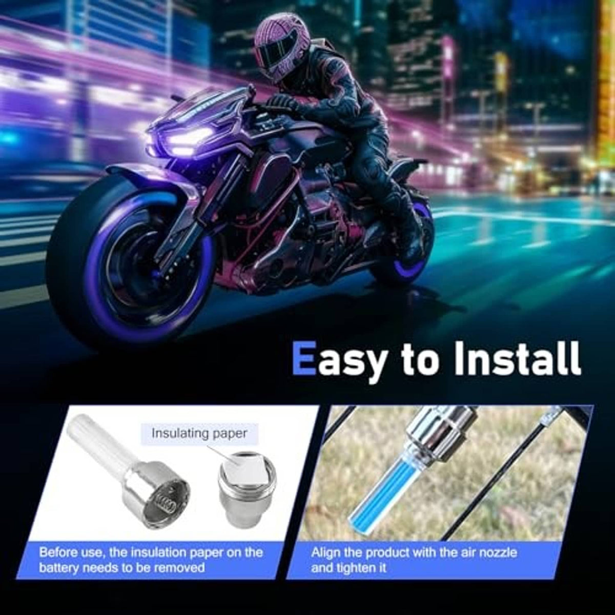LED tire valve stem cap installation on a wheel with blue glowing light tube