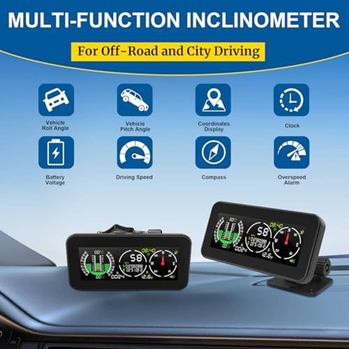 Car GPS speedometer inclinometer mounted on dashboard, wide display shown on car