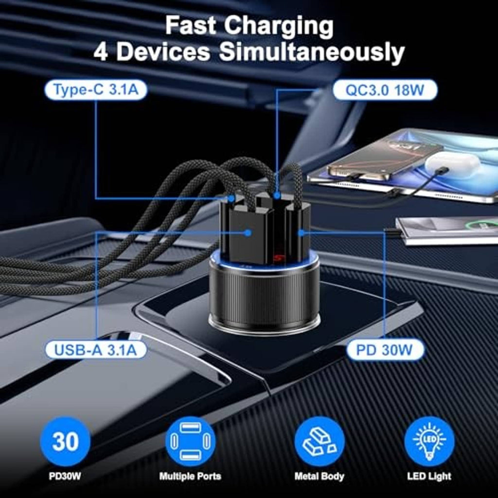 Black multi-port car charger base with two cables and glowing blue QC rings, 12.5V.