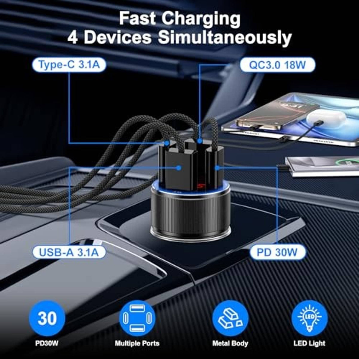 Black multi-port car charger base with two cables and glowing blue QC rings, 12.5V.
