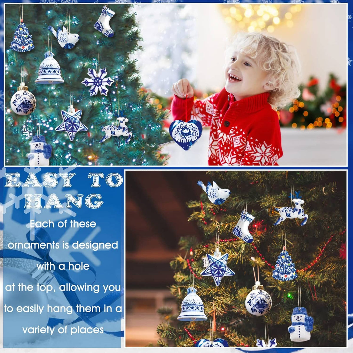 Blue-and-white porcelain Christmas ornaments hanging on tree with decorative bells and stars.