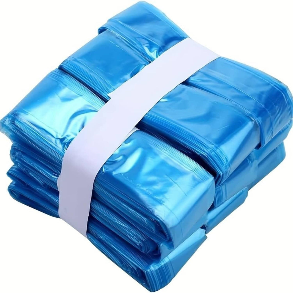 Folded blue cat litter refill bags with white strap bundle, stacked compactly.