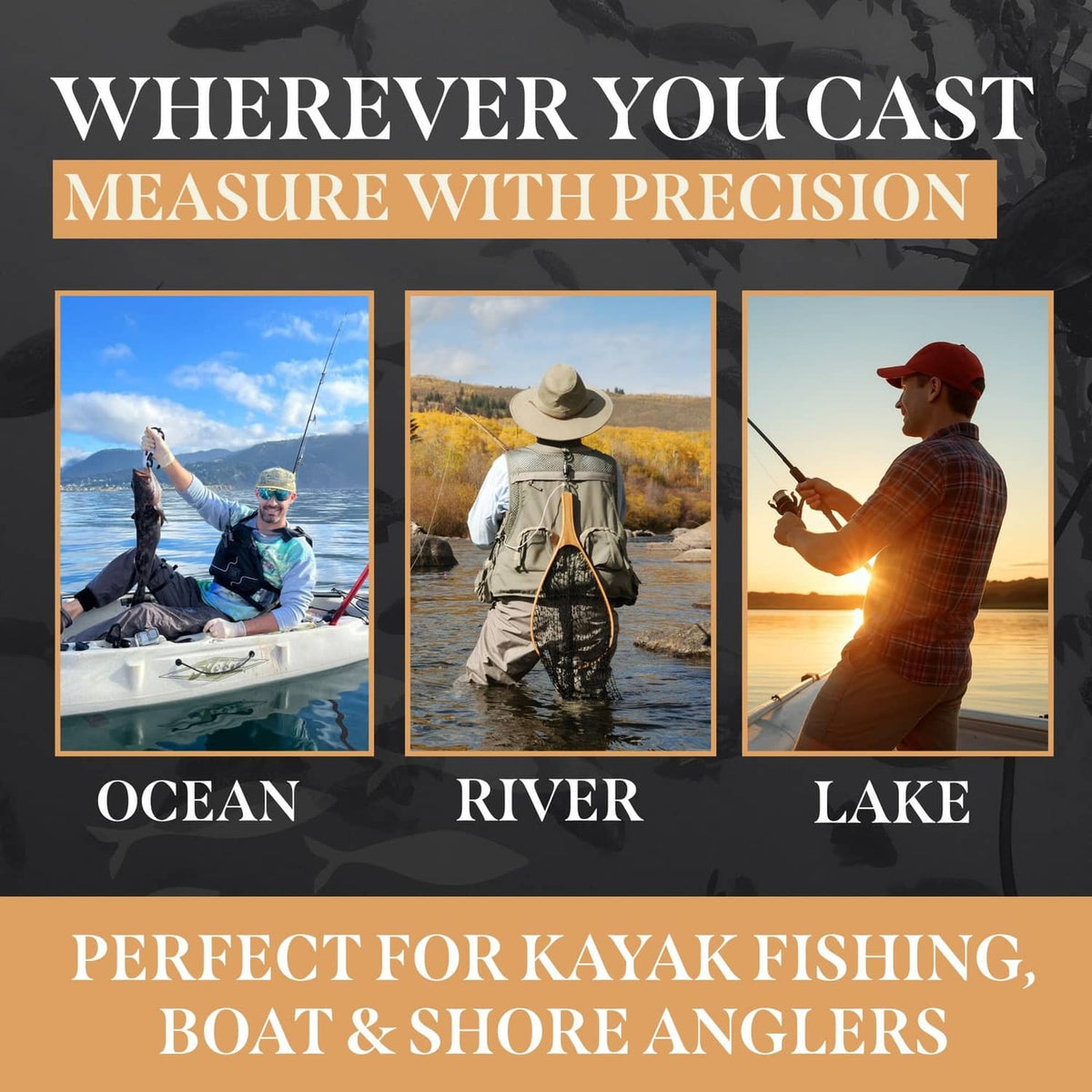 Anglers using a fish ruler while fishing in ocean, river, and lake settings