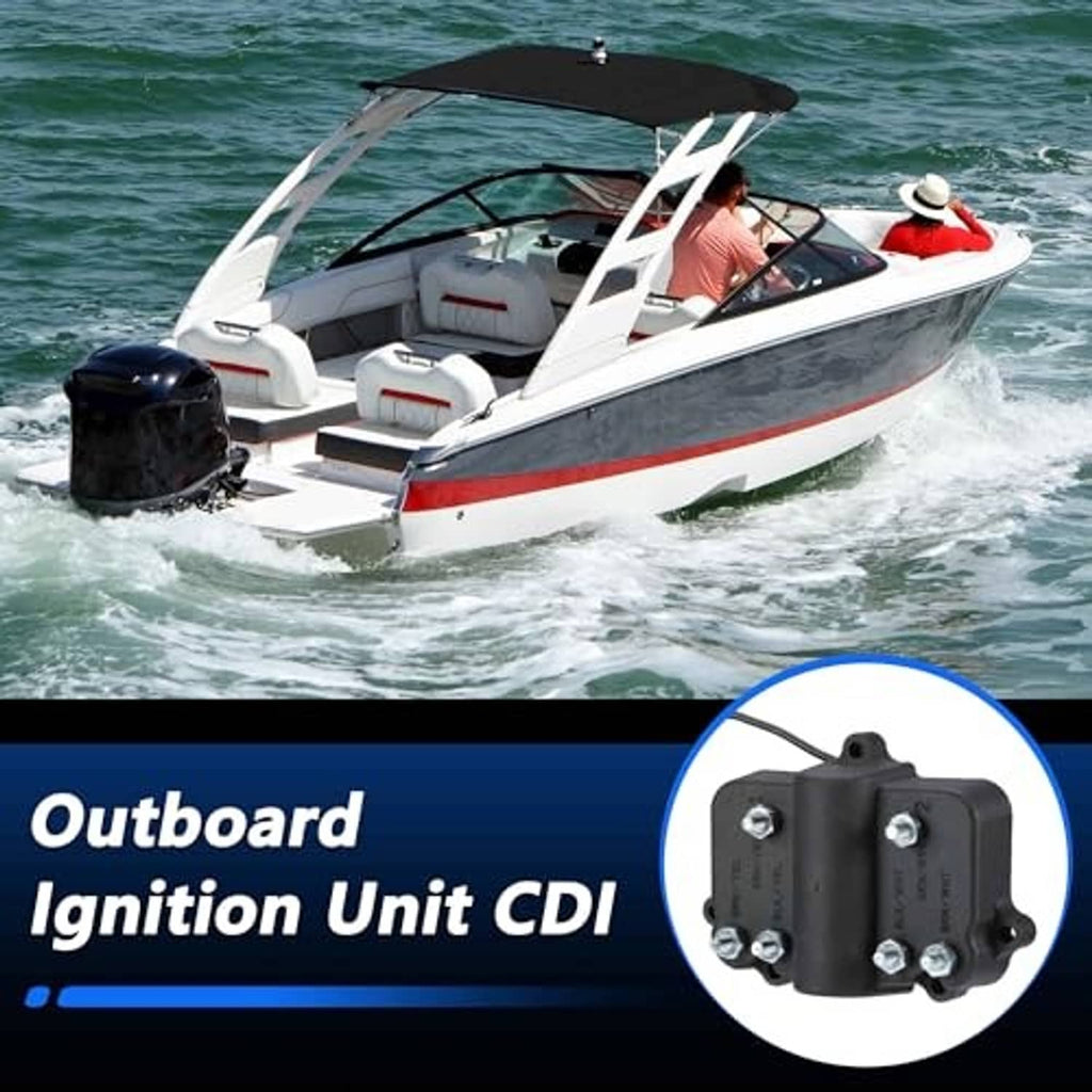 Black outboard ignition CDI unit with ring terminal wire and metal mounting bolts.