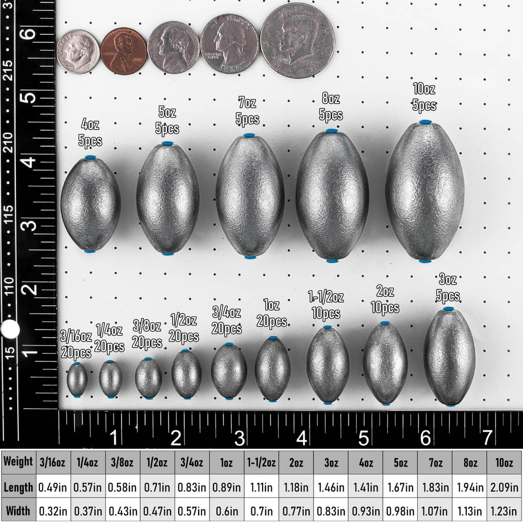 Oval lead fishing sinkers, dark gray metal weights on a measuring board