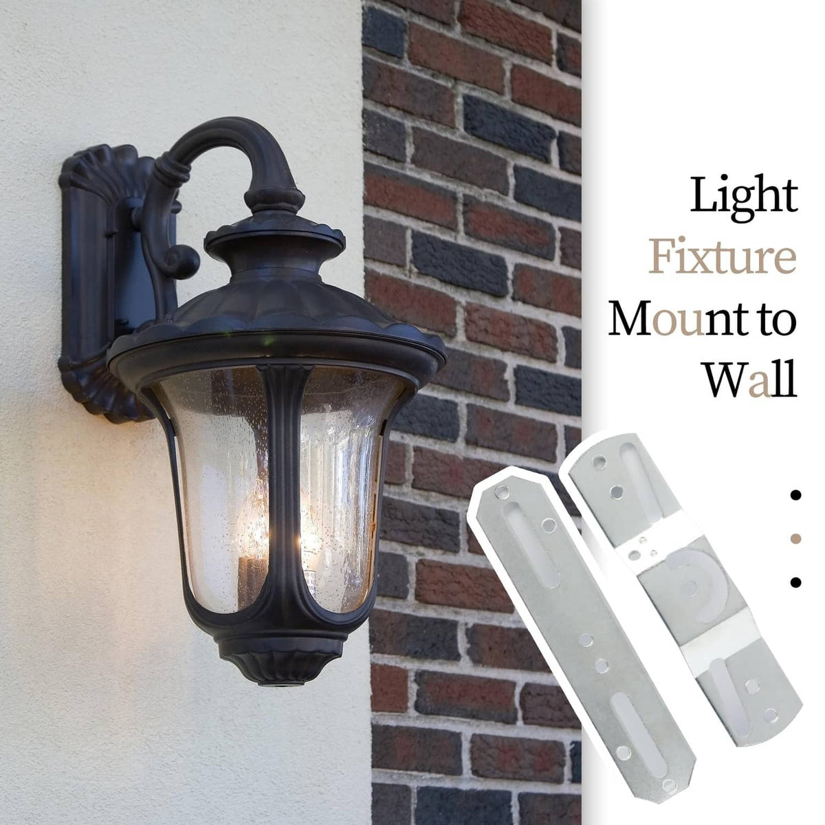 Silver light fixture mounting bracket for wall mounting, two metal arms with holes