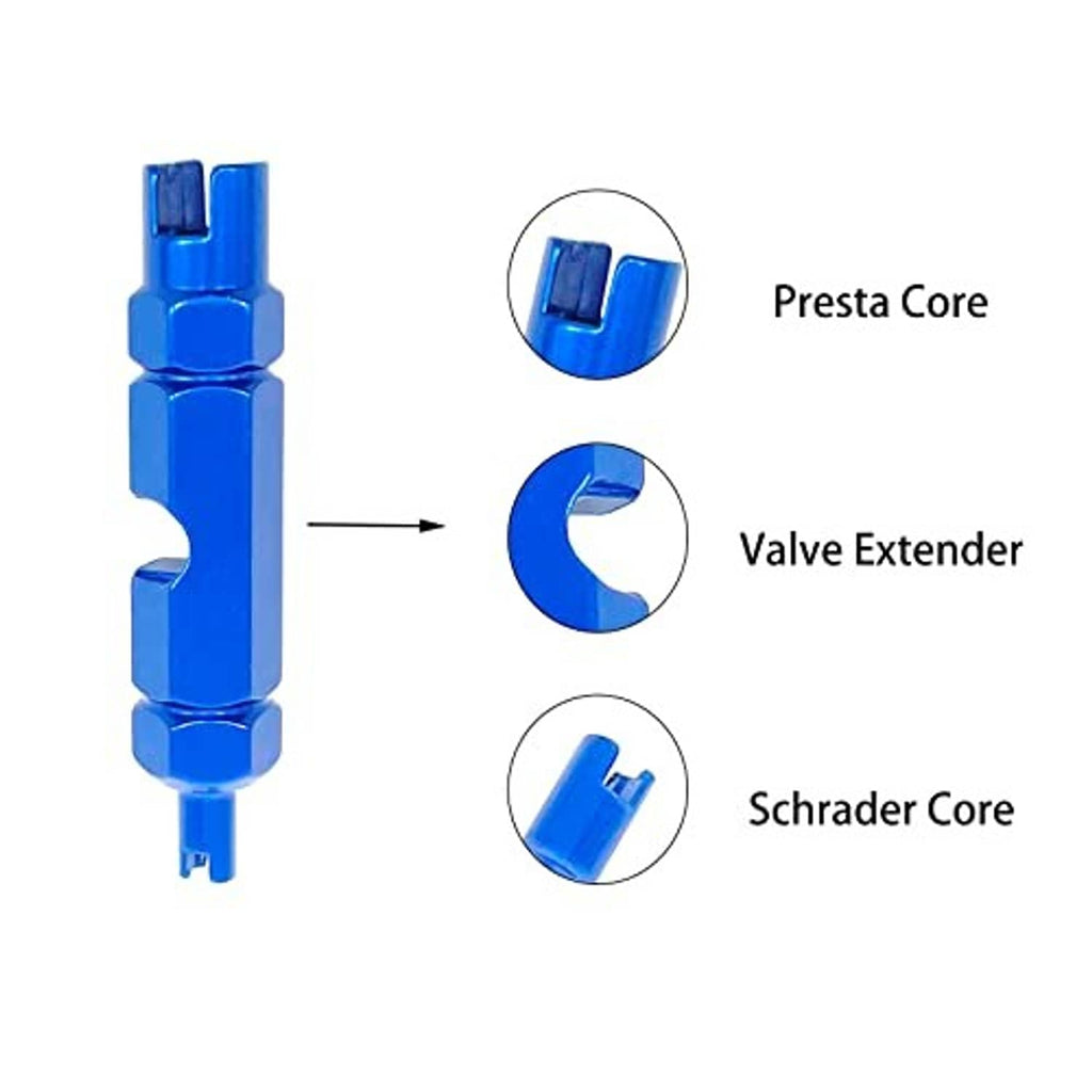 Blue valve core remover with valve extender for Presta and Schrader valve cores