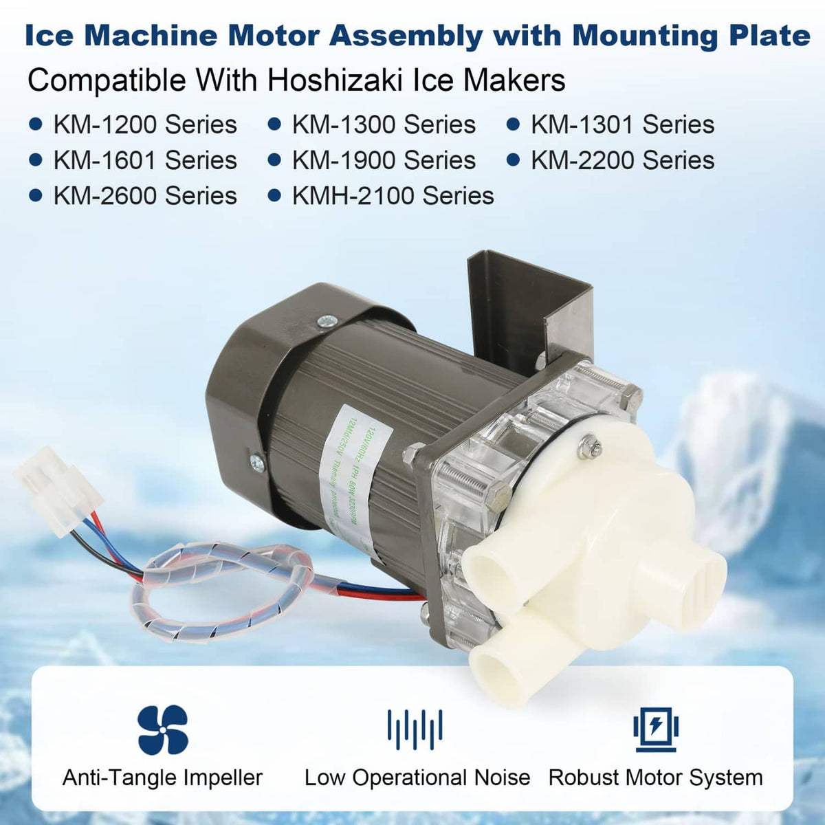 Ice machine water pump motor assembly with black motor housing, white pump fittings, and wires