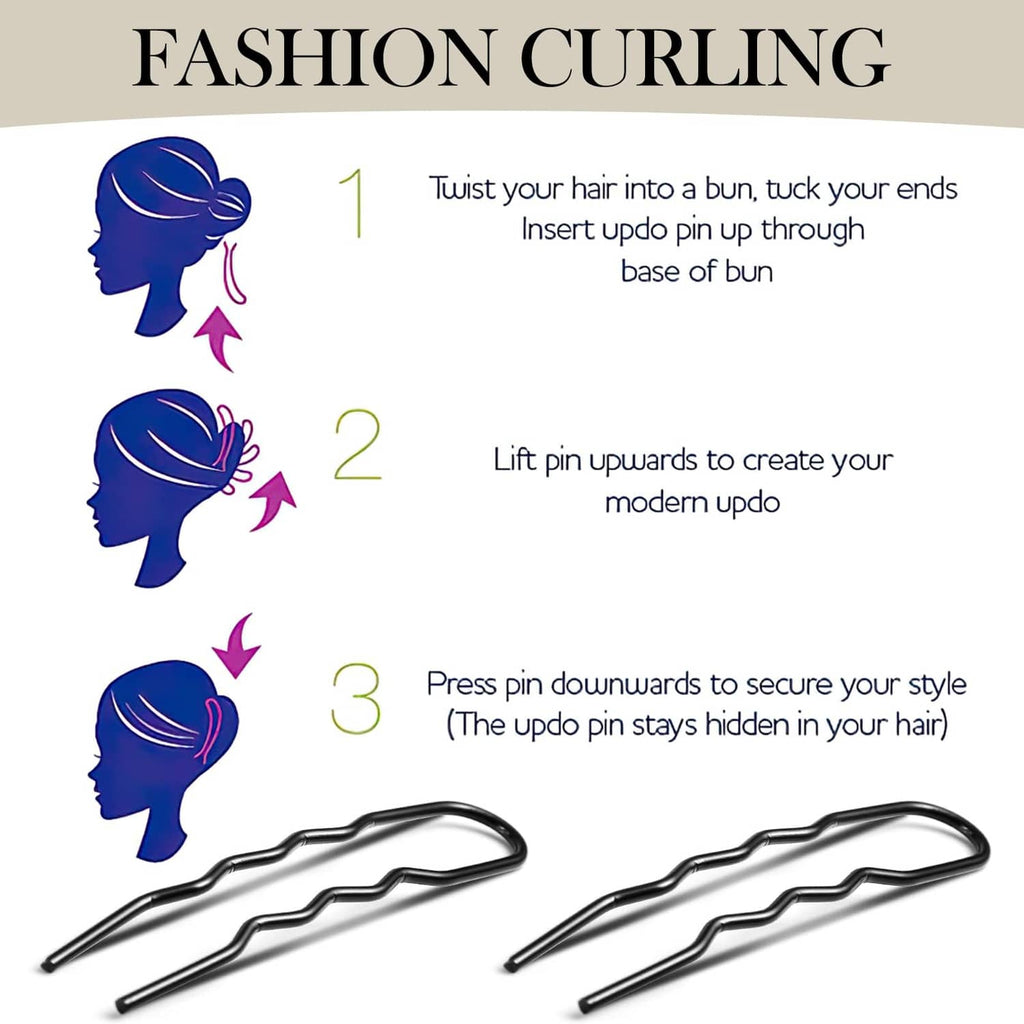 Black 3-inch U-shaped hair pins for bun updos, with demonstration pins