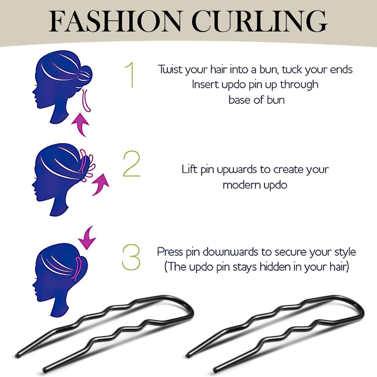 Black 3-inch U-shaped hair pins for bun updos, with demonstration pins