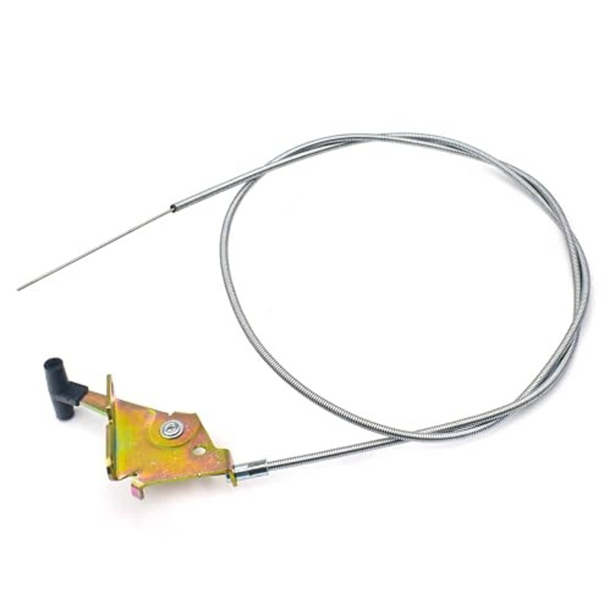Coiled silver wire throttle cable with yellow metal bracket and black rubber grommet