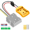 20V to 12V step-down converter with gray heat sink and yellow wiring plug.