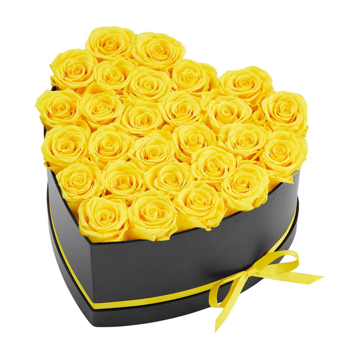 Heart-shaped black rose box with dense yellow preserved roses and yellow bow ribbon