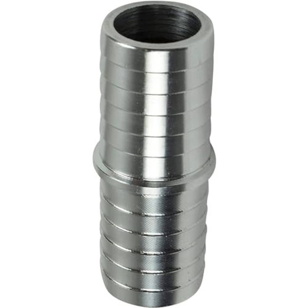 Chrome-silver 3/4 in hose barb splice coupler showing ribbed sleeve and dark inner bore