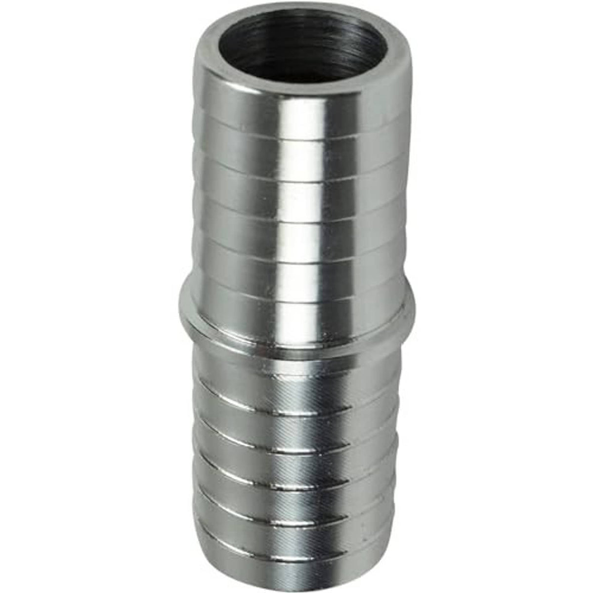 Chrome-silver 3/4 in hose barb splice coupler showing ribbed sleeve and dark inner bore
