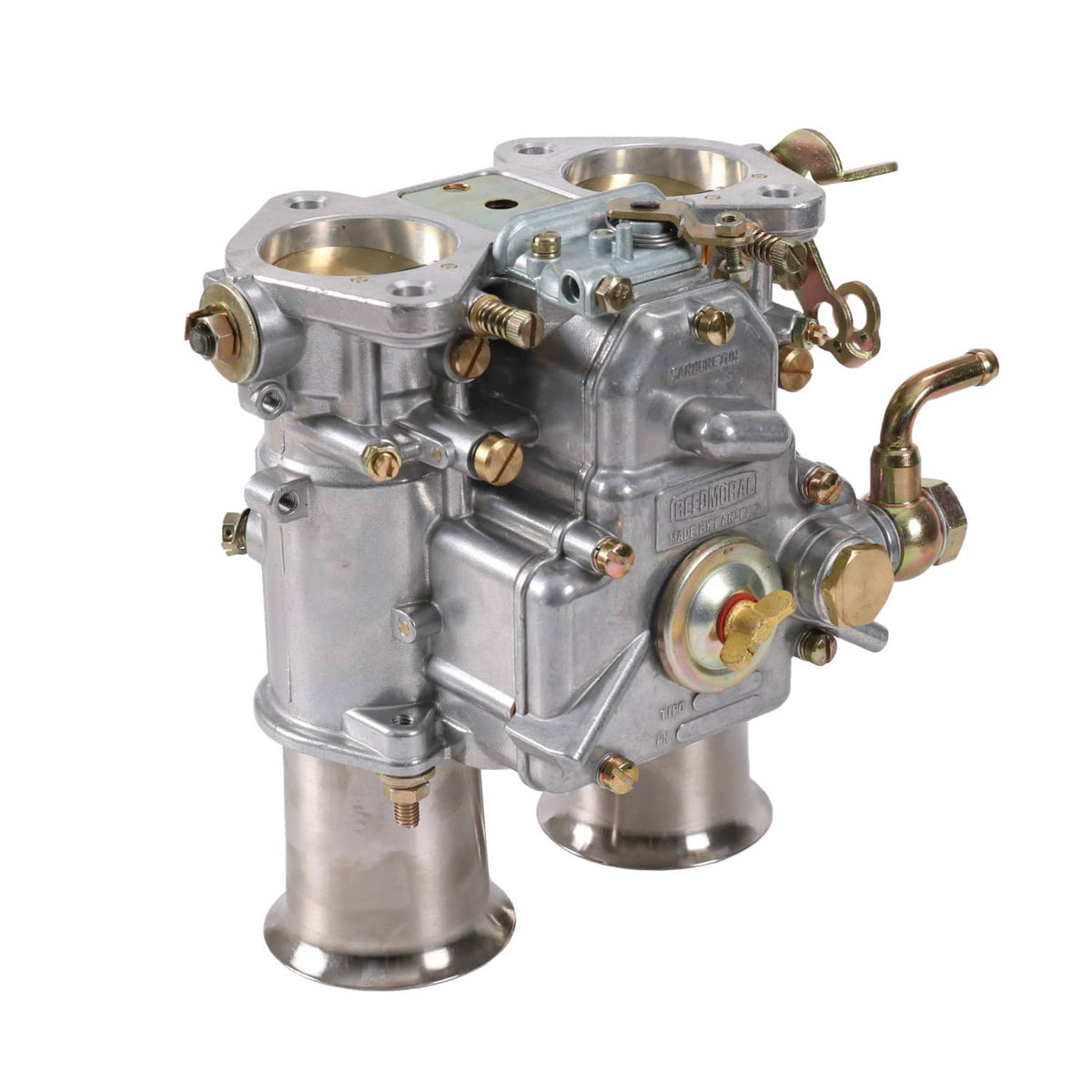 Aluminum twin-choke carburetor with manifold mounting flanges and hoses