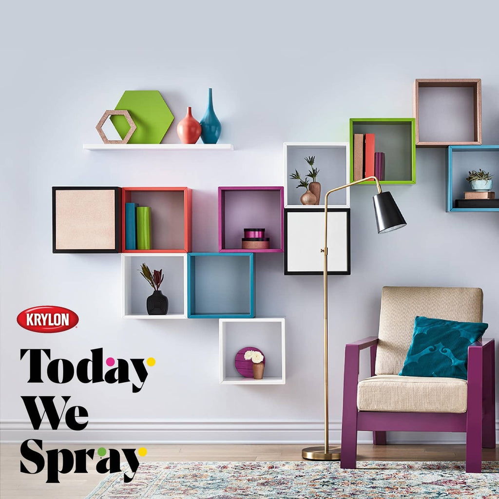 Stained glass aerosol paint DIY room scene with colorful spray-painted shelves and furniture