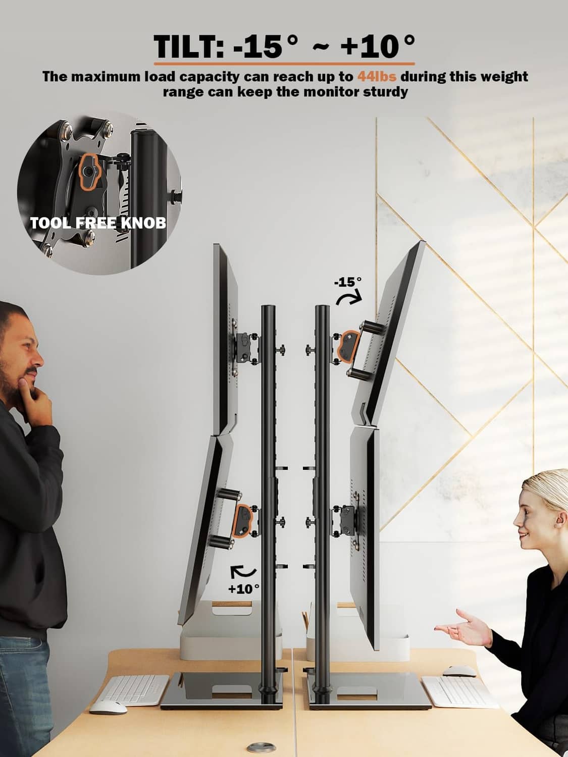Dual monitor stand with adjustable tilt arms and tool-free control knobs