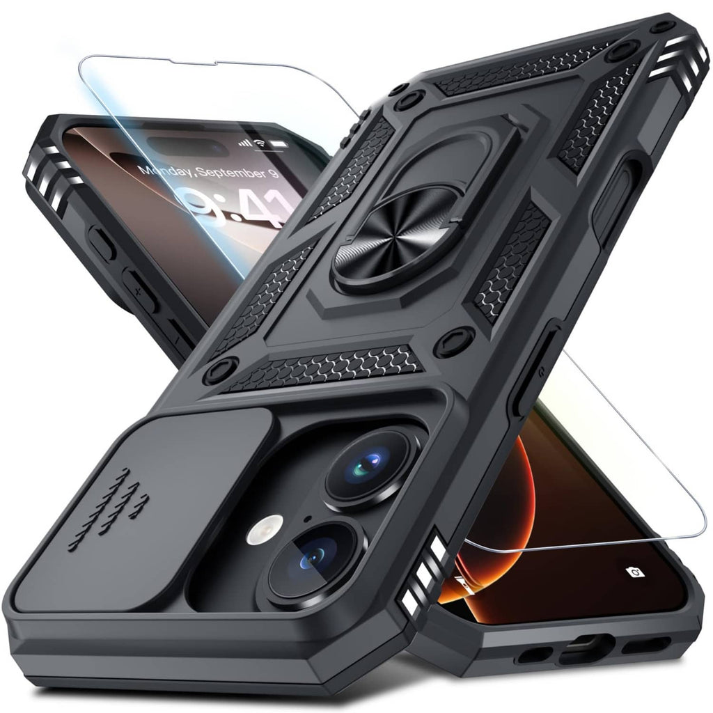 Black rugged iPhone 16 Pro case with textured grips and raised dual camera cutouts