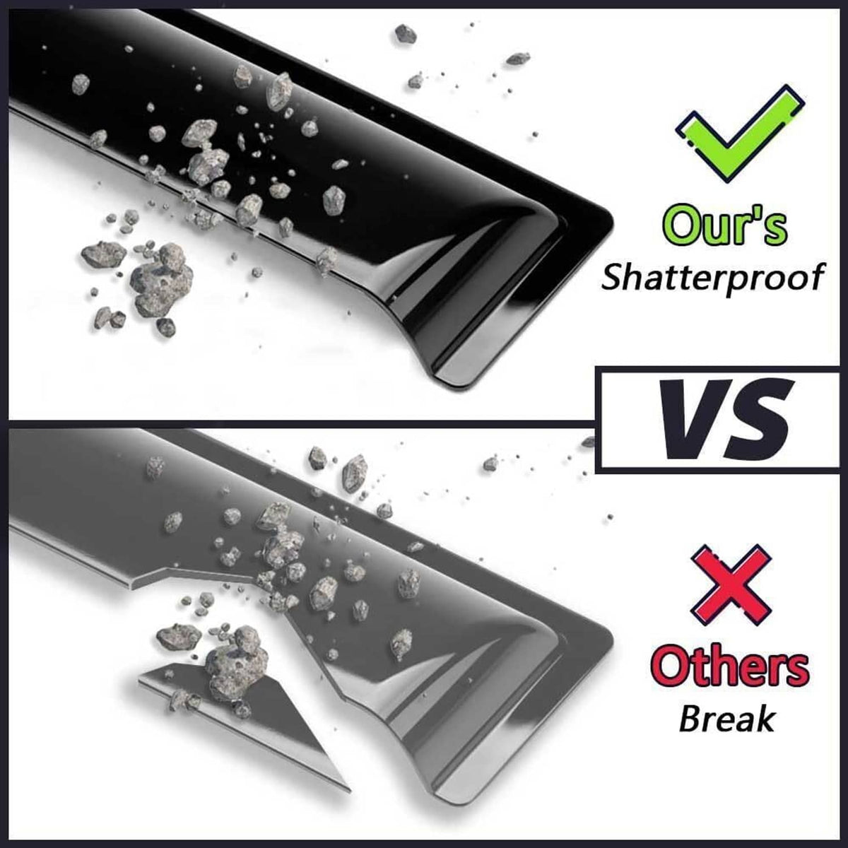 Shatterproof-style black window visor shown resisting debris impact