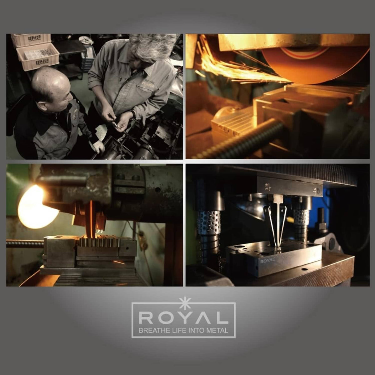 Industrial metal-making process shown on a workbench for grooming trimmer parts