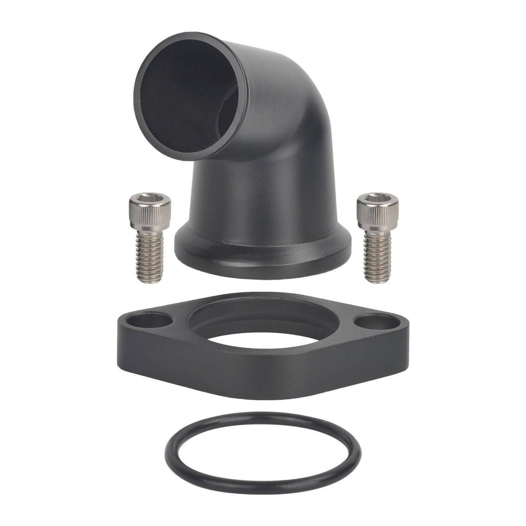 Black 15-degree swivel water neck thermostat housing with bolts and gasket seal