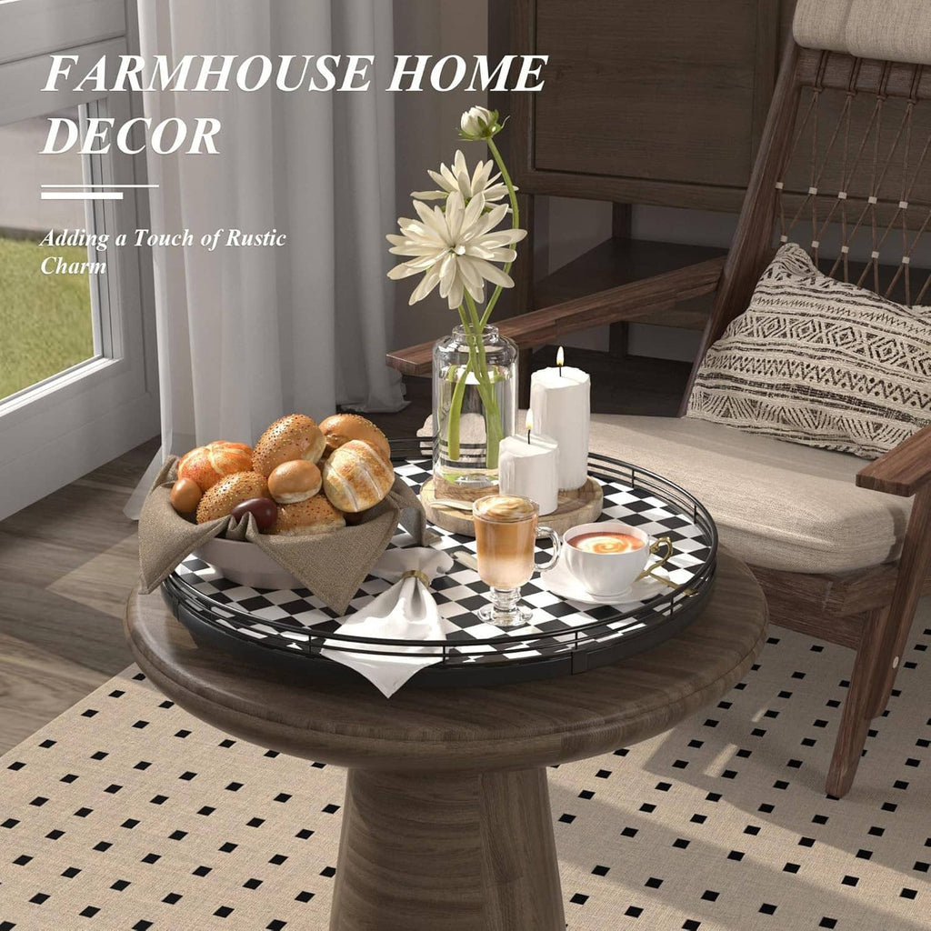 Checkered lazy susan turntable with decorative food items, flowers, and drinks on top