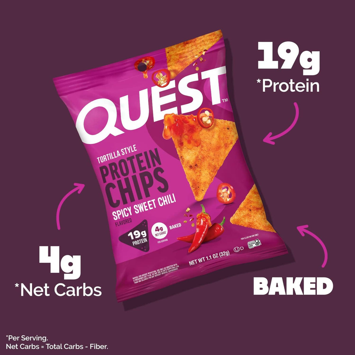 Quest tortilla style protein chips bag showing 19g protein, 4g net carbs, baked