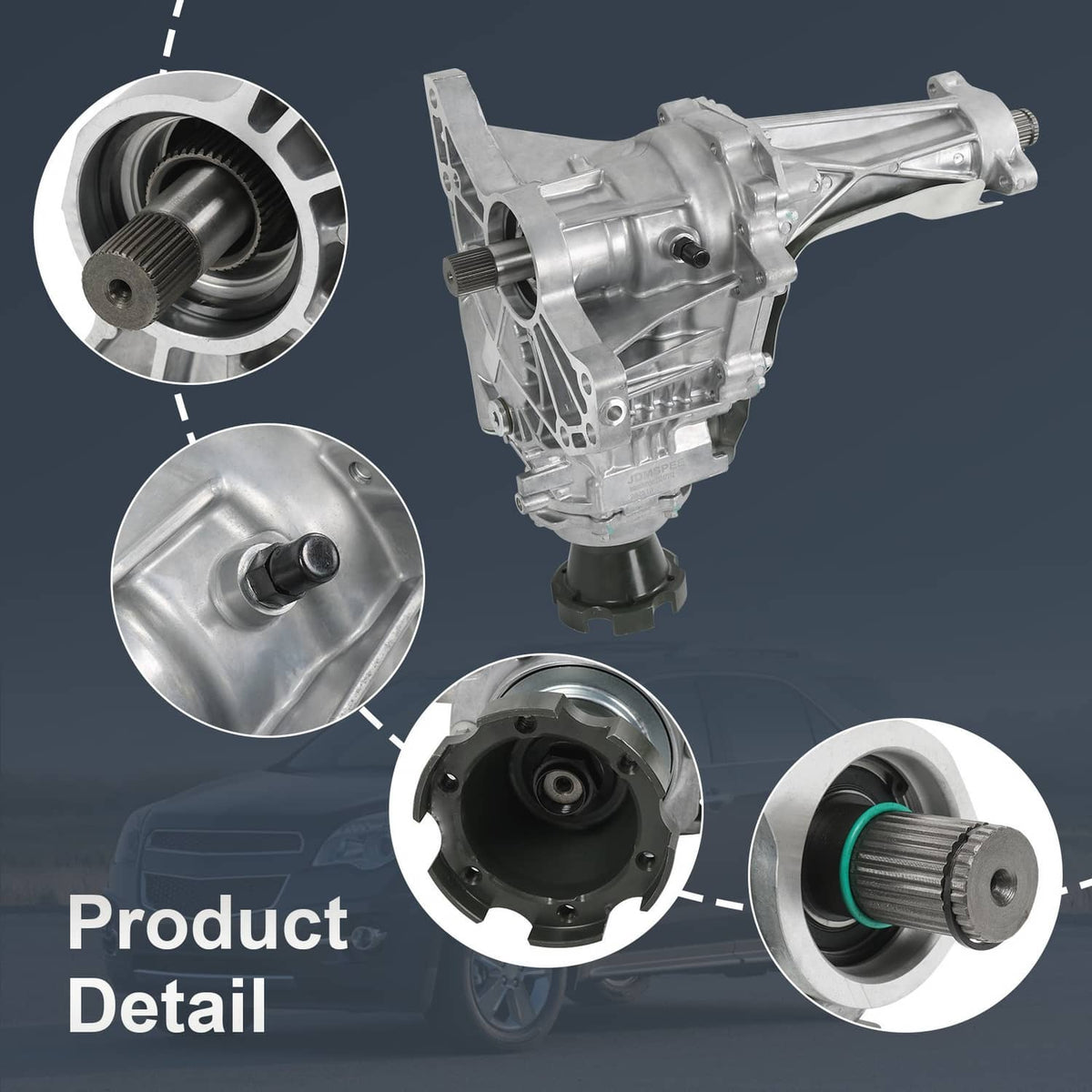 Transfer case assembly with detailed close-ups of housing, cap, and output shaft