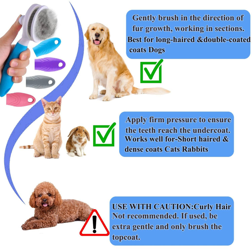 Blue self-cleaning slicker brush for pets with round bristle grooming head