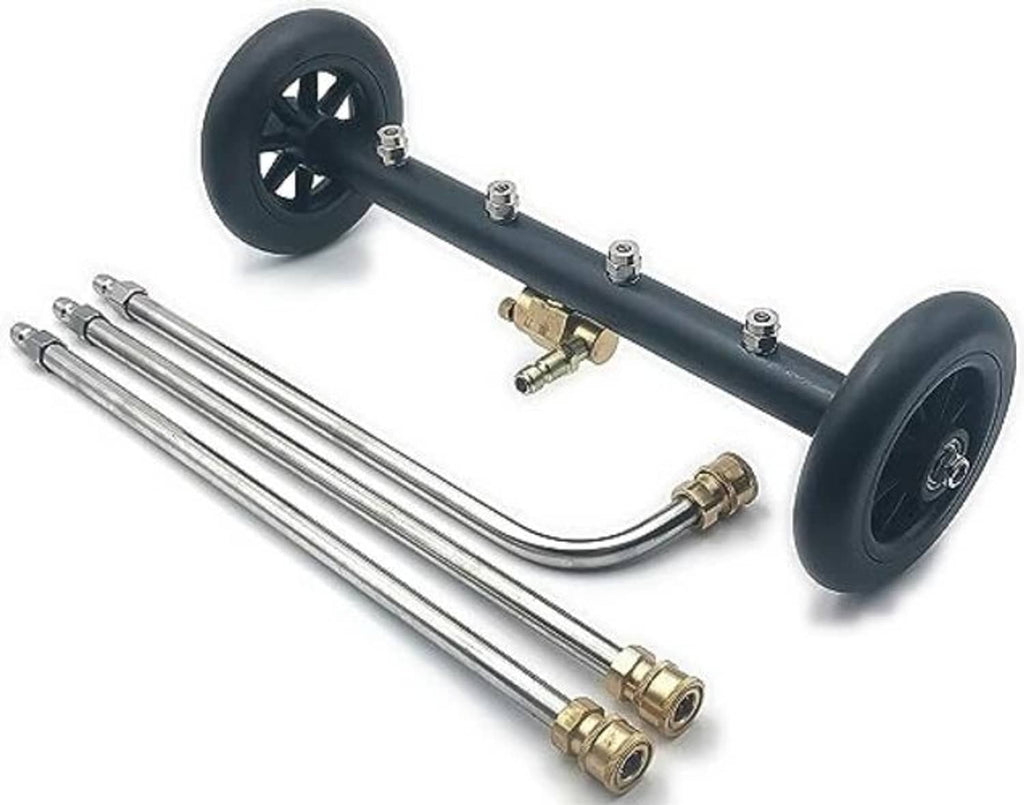 Dual-wand undercarriage pressure washer cleaner with black frame, brass connectors, and wheels