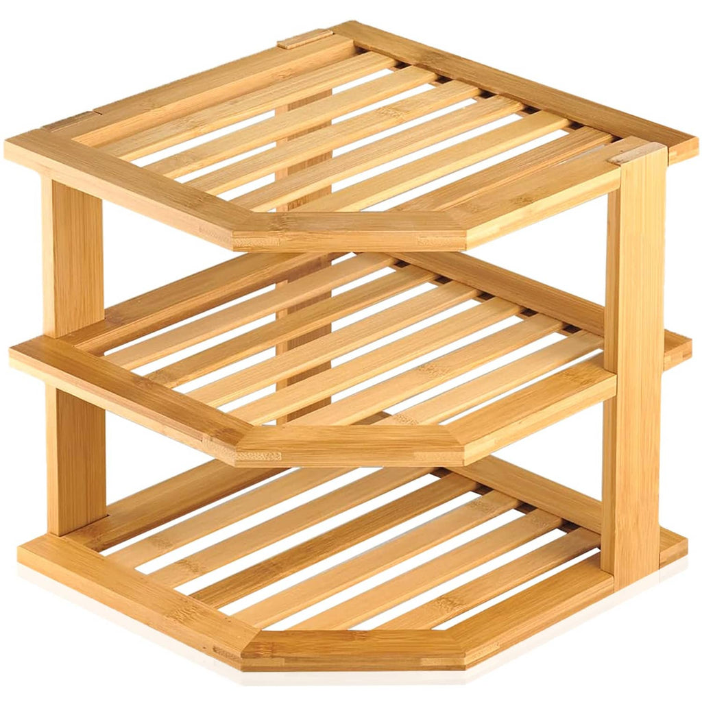 Natural bamboo corner 3-tier shelf organizer with three slatted shelves