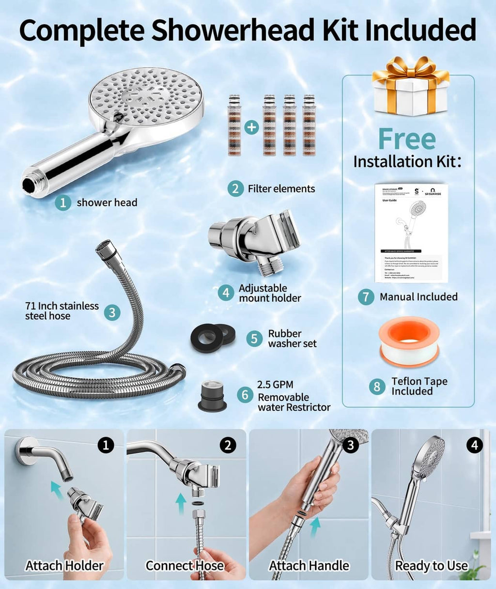 Complete filtered showerhead kit with chrome handheld head, hose, and filter elements