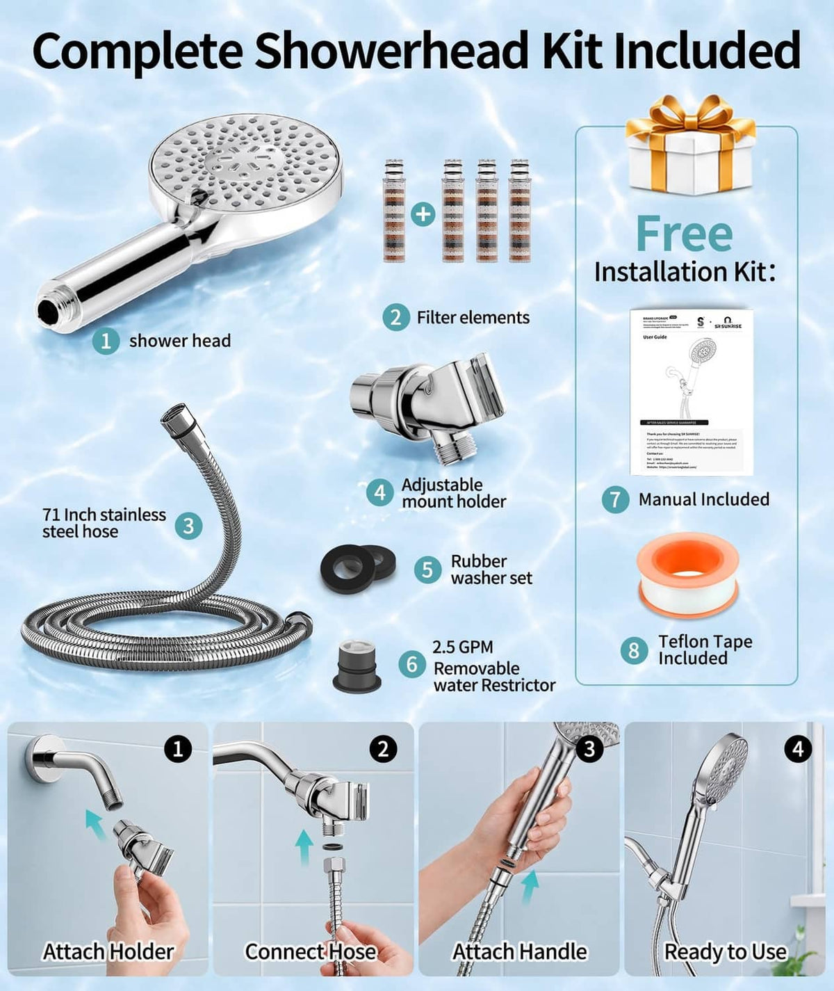 Complete filtered showerhead kit with chrome handheld head, hose, and filter elements