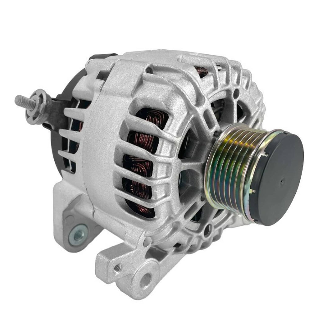 Silver alternator with front grille, pulley, and mounting holes, three-quarter view