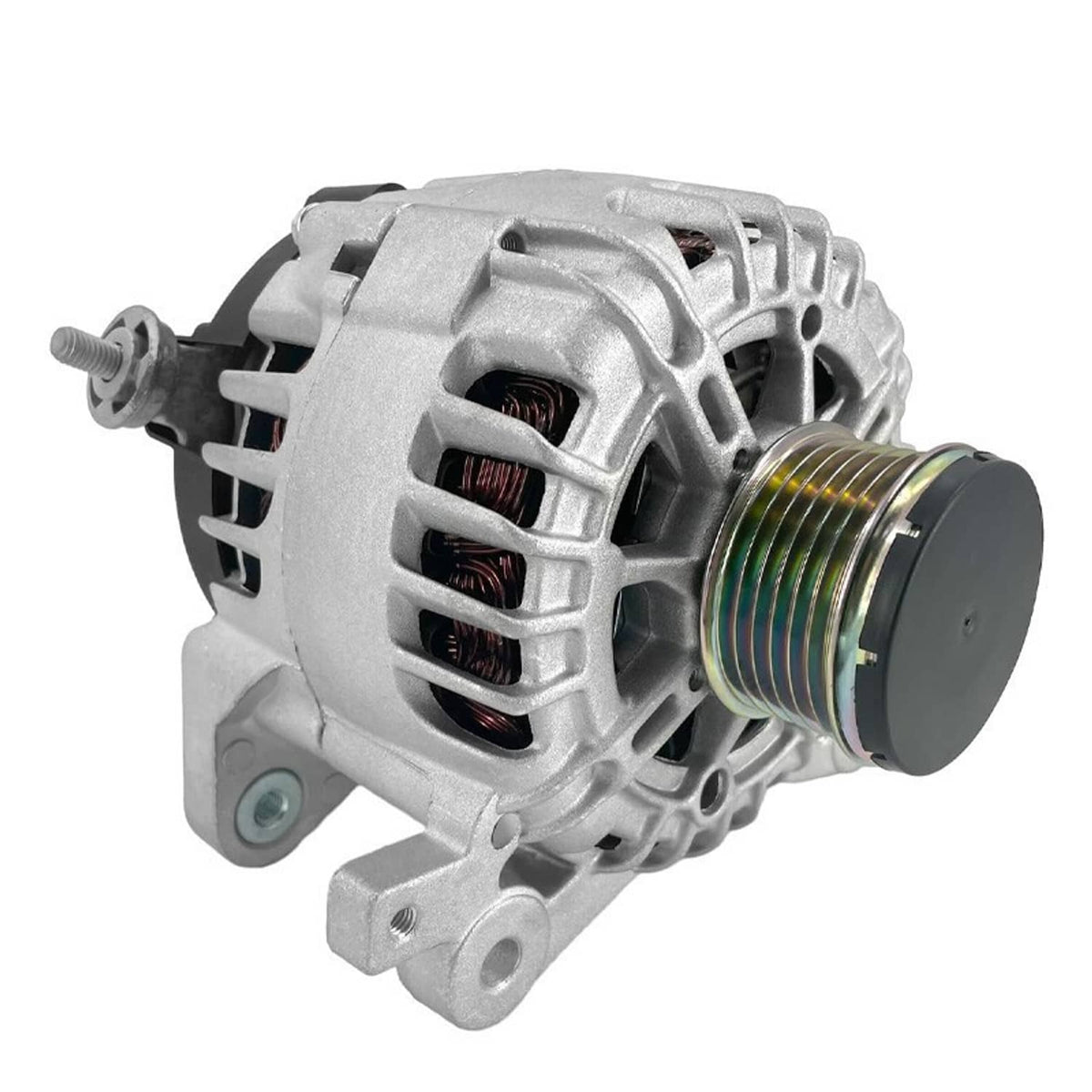 Silver alternator with front grille, pulley, and mounting holes, three-quarter view