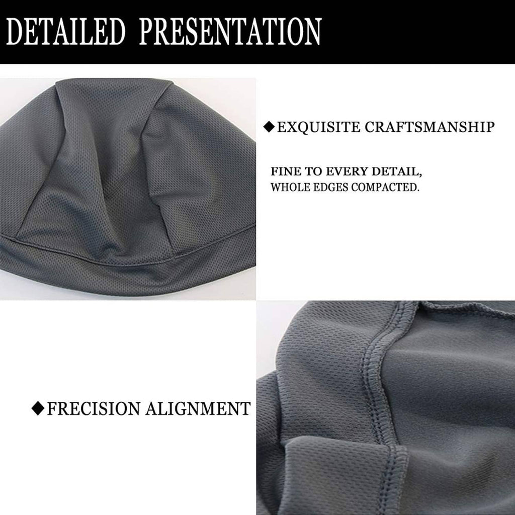 Cooling skull cap close-up, dark gray fabric with stitched seam detail