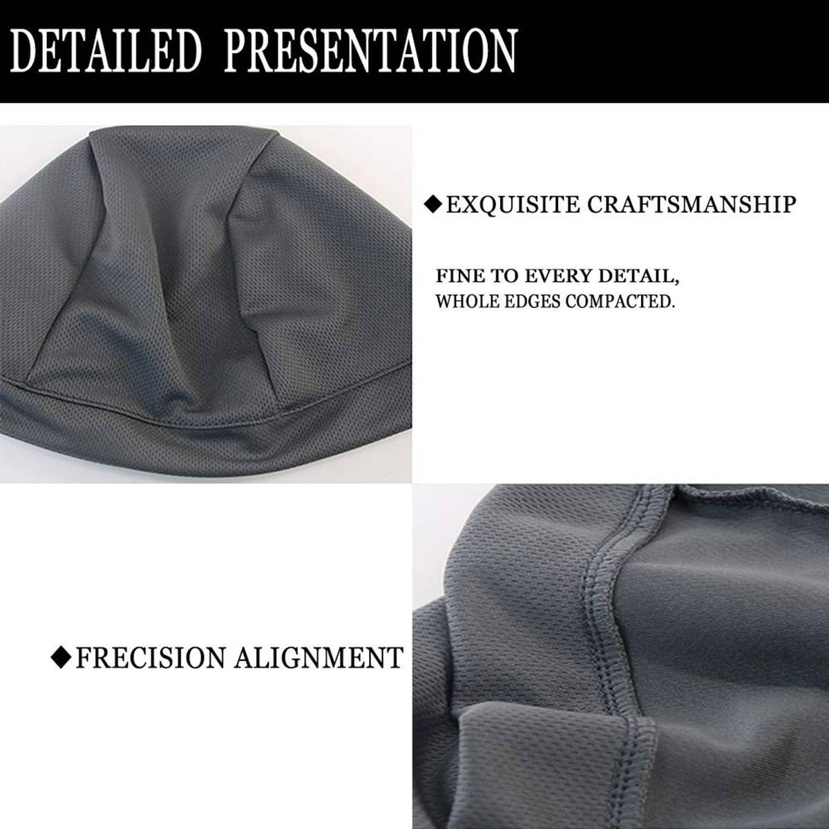 Cooling skull cap close-up, dark gray fabric with stitched seam detail