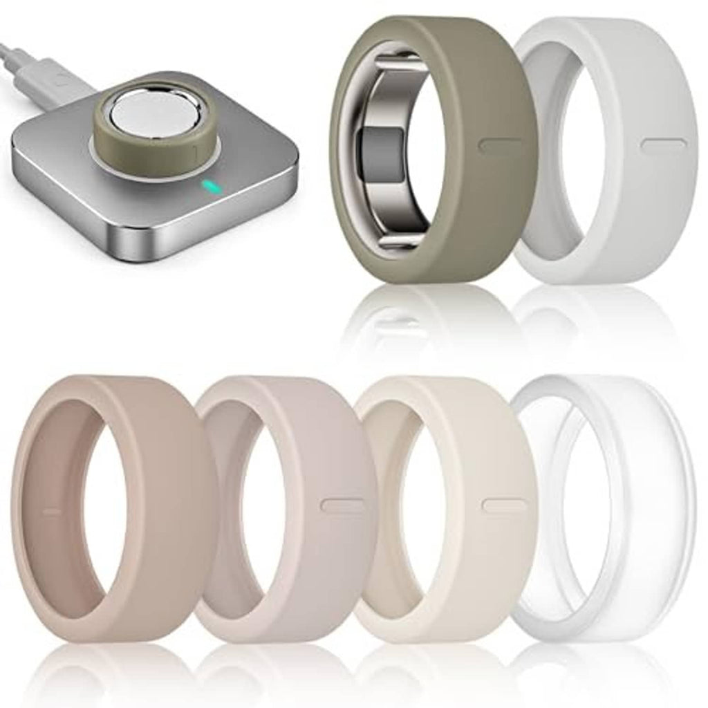 6-pack smart ring covers in gray, olive, beige, and white with reflective interiors